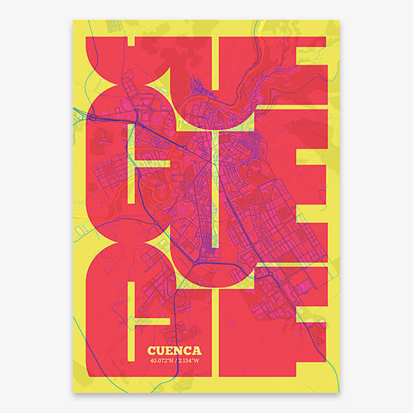 Poster of Cuenca composed with letters from its abbreviation or its airport IATA code printed on yellow and fuchsia