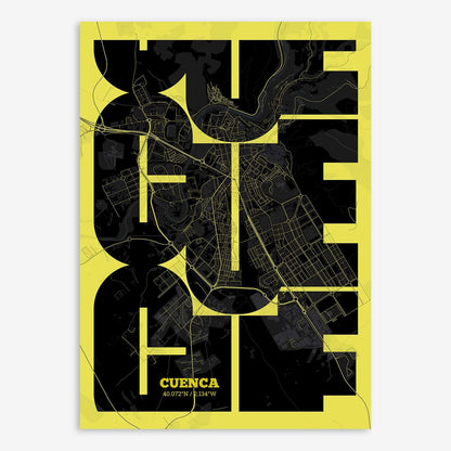 The map of Cuenca composed with letters from its name or IATA code printed on black and yellow