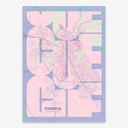 The map of Cuenca composed with letters from its name or IATA code printed on pink and light blue
