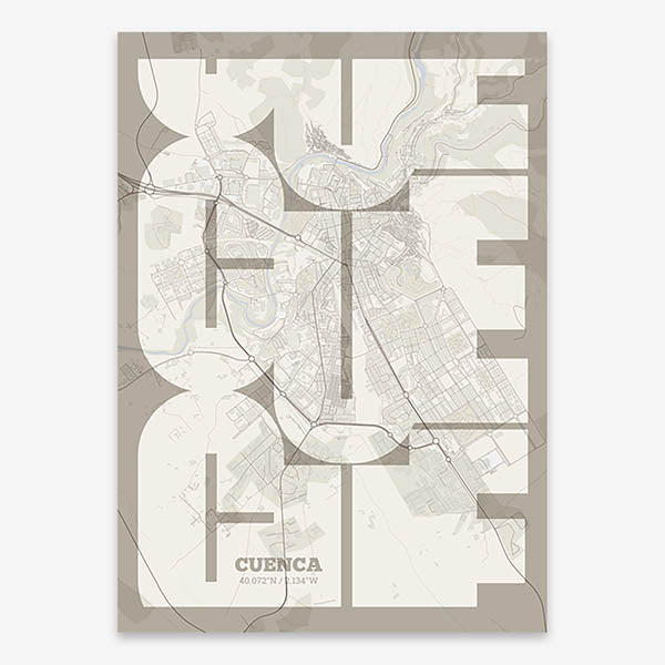 Poster of Cuenca composed with letters from its abbreviation or its airport IATA code printed on light brown and an off-white background