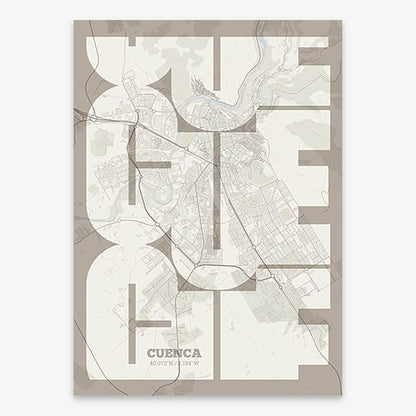 Poster of Cuenca composed with letters from its abbreviation or its airport IATA code printed on light brown and an off-white background
