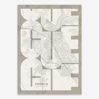 The map of Cuenca composed with letters from its name or IATA code printed on light brown and an off-white background