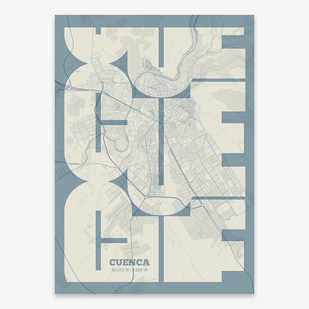 Poster of Cuenca composed with letters from its abbreviation or its airport IATA code printed on bluish gray and an off-white background