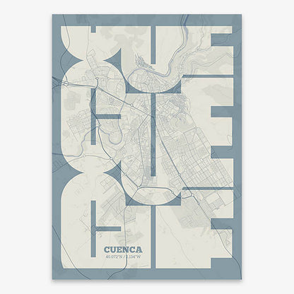 Poster of Cuenca composed with letters from its abbreviation or its airport IATA code printed on bluish gray and an off-white background