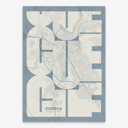 The map of Cuenca composed with letters from its name or IATA code printed on bluish gray and an off-white background