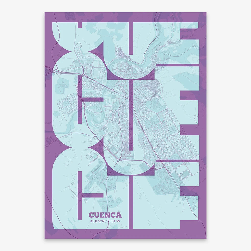 Poster of Cuenca composed with letters from its abbreviation or its airport IATA code printed on purple and light blue