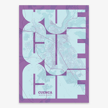 Poster of Cuenca composed with letters from its abbreviation or its airport IATA code printed on purple and light blue