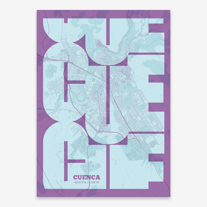 The map of Cuenca composed with letters from its name or IATA code printed on purple and light blue