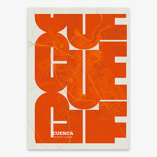 Poster of Cuenca composed with letters from its abbreviation or its airport IATA code printed on orange and an off-white background