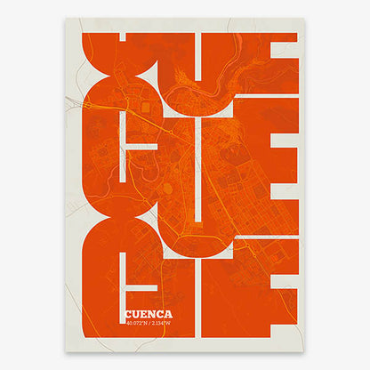 Poster of Cuenca composed with letters from its abbreviation or its airport IATA code printed on orange and an off-white background