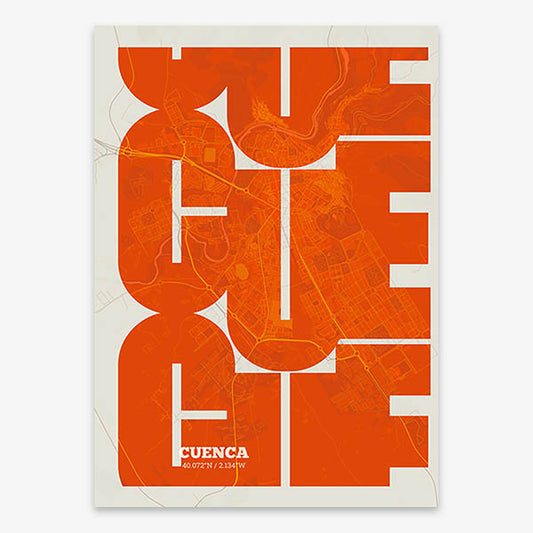 Poster of Cuenca composed with letters from its abbreviation or its airport IATA code printed on orange and an off-white background