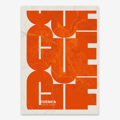 The map of Cuenca composed with letters from its name or IATA code printed on orange and an off-white background