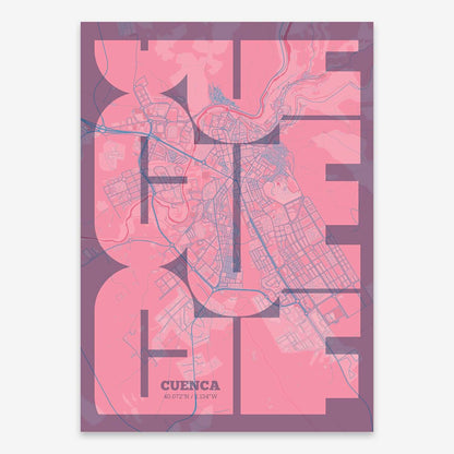 The map of Cuenca composed with letters from its name or IATA code printed on violet y pink background