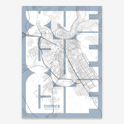The map of Cuenca composed with letters from its name or IATA code printed on black and white
