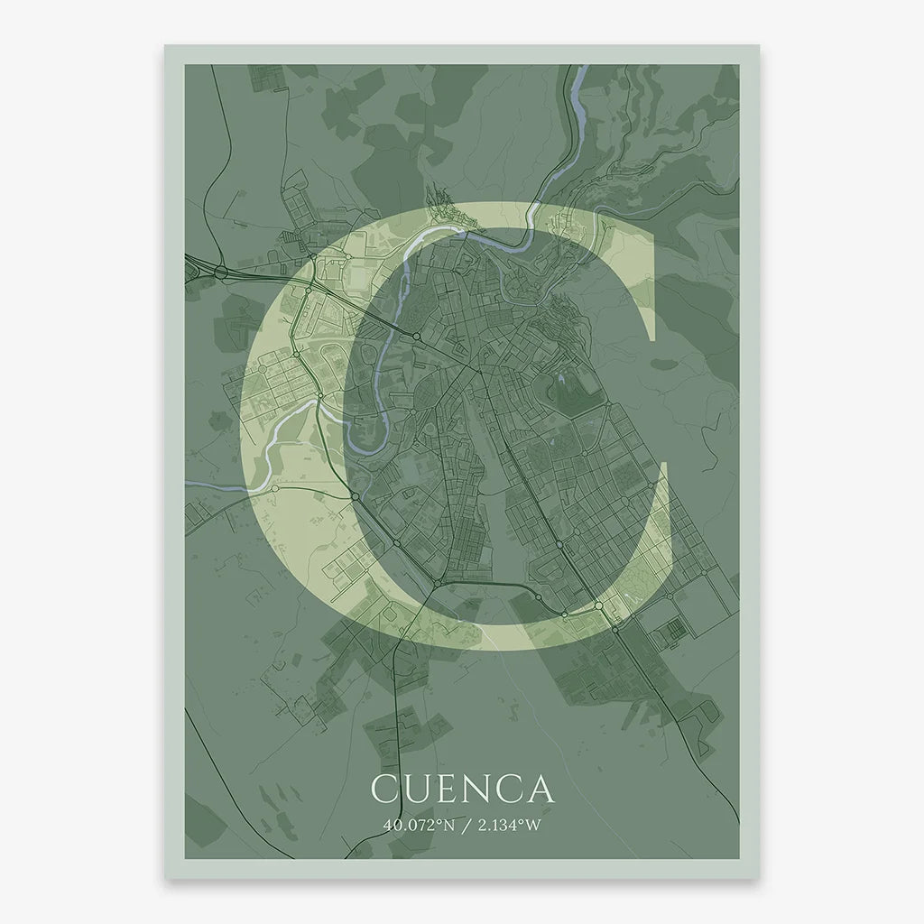 Decorative map of Cuenca composed with letters in serif font printed on two green tones