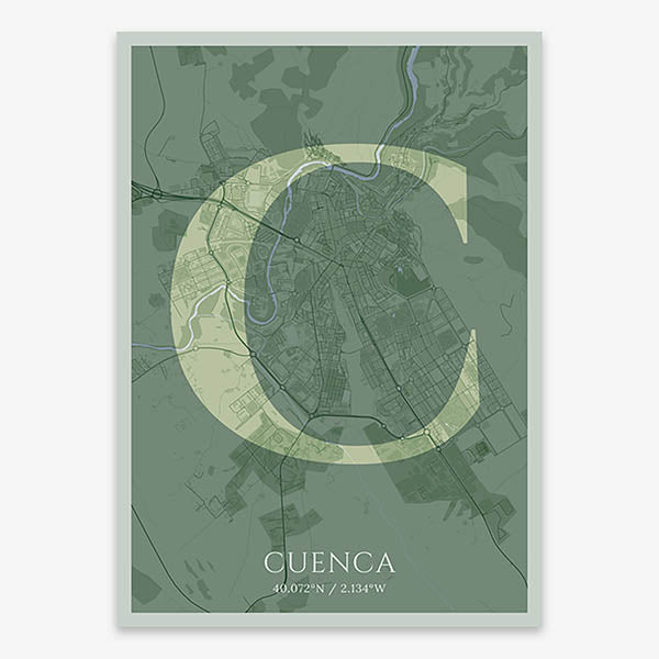 Decorative map of Cuenca composed with letters in serif font printed on two green tones