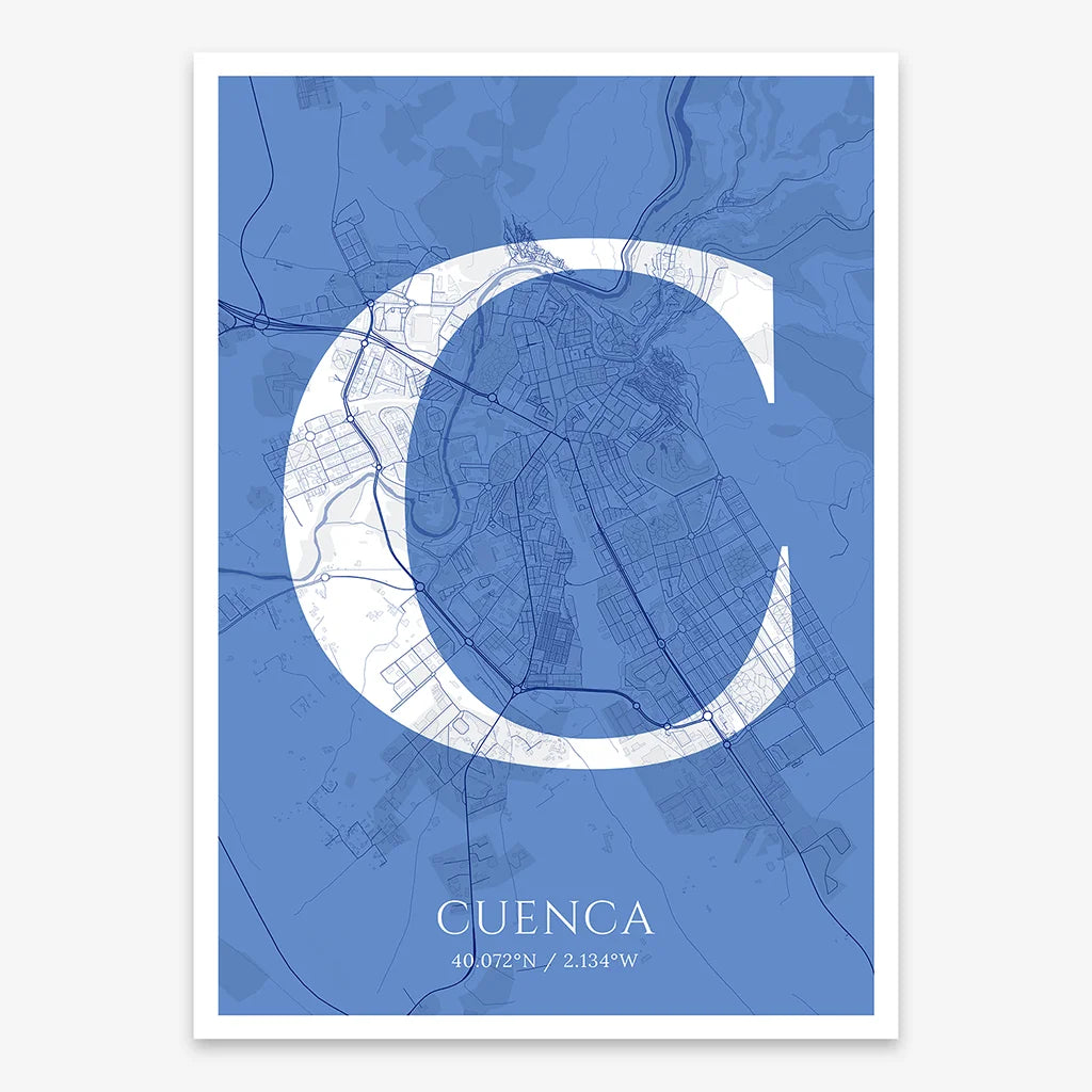 Decorative map of Cuenca composed with letters in serif font printed on navy blue and white
