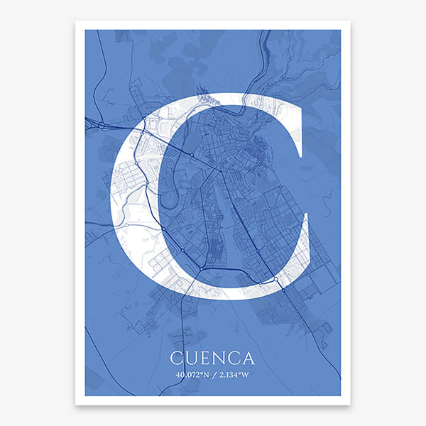 Decorative map of Cuenca composed with letters in serif font printed on navy blue and white