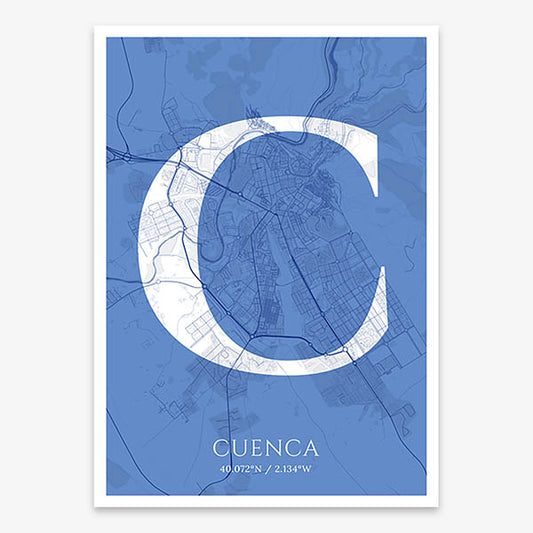 Decorative map of Cuenca composed with letters in serif font printed on navy blue and white