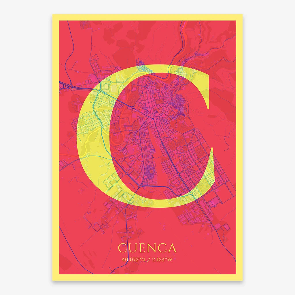 Decorative map of Cuenca composed with letters in serif font printed on yellow and fuchsia