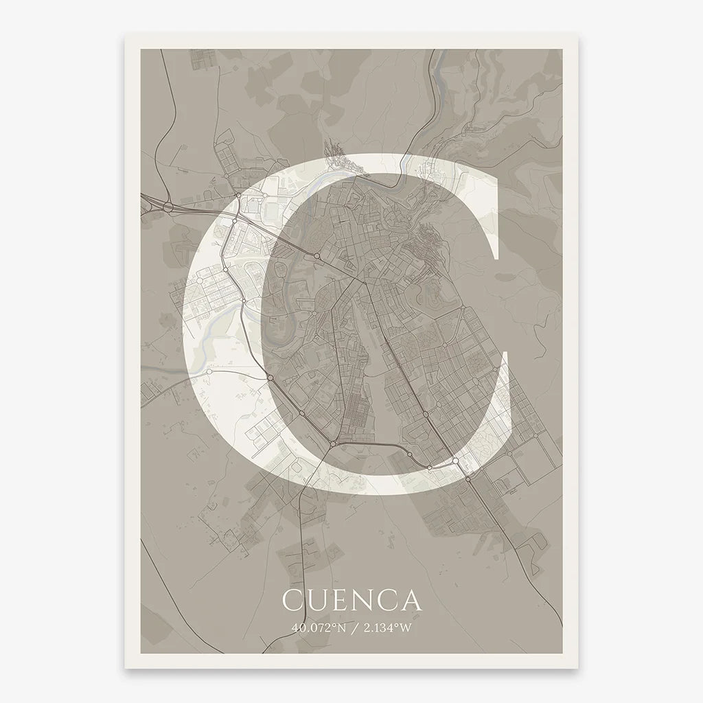 Decorative map of Cuenca composed with letters in serif font printed on light brown and an off-white background