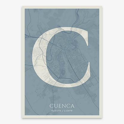 Decorative map of Cuenca composed with letters in serif font printed on bluish gray and an off-white background
