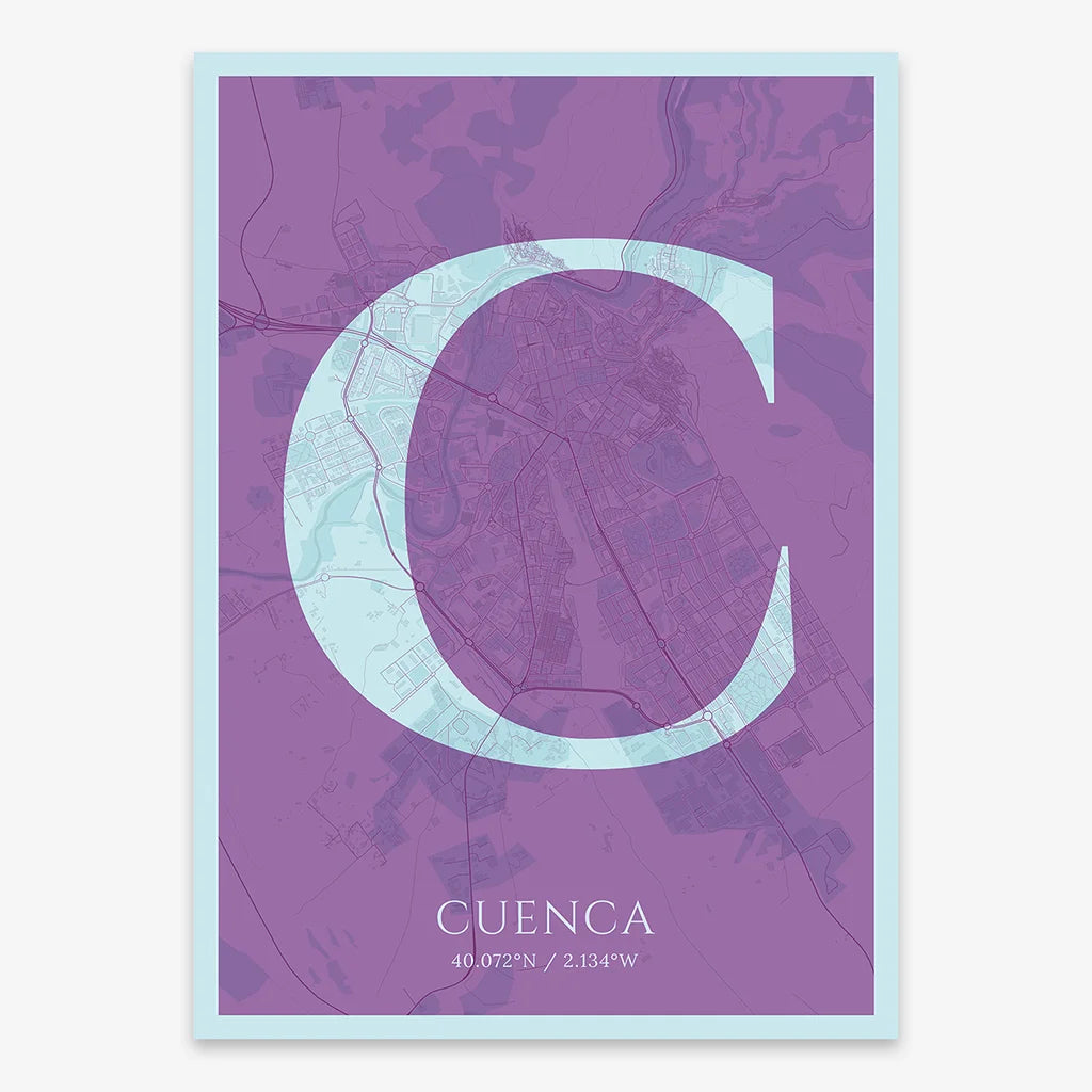 Decorative map of Cuenca composed with letters in serif font printed on purple and light blue