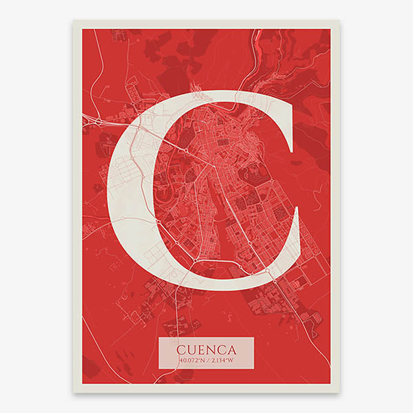 Decorative map of Cuenca composed with letters in serif font printed on red and an off-white background