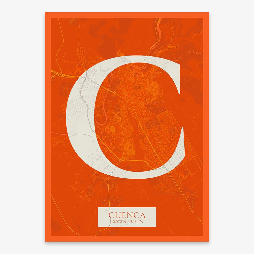 Decorative map of Cuenca composed with letters in serif font printed on orange and an off-white background