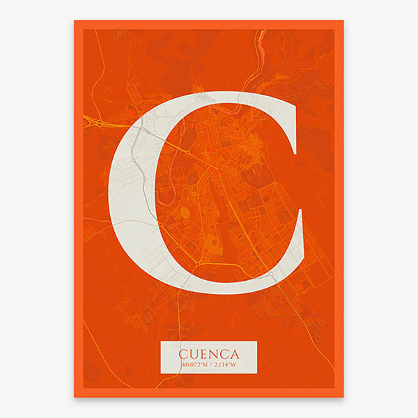 Decorative map of Cuenca composed with letters in serif font printed on orange and an off-white background