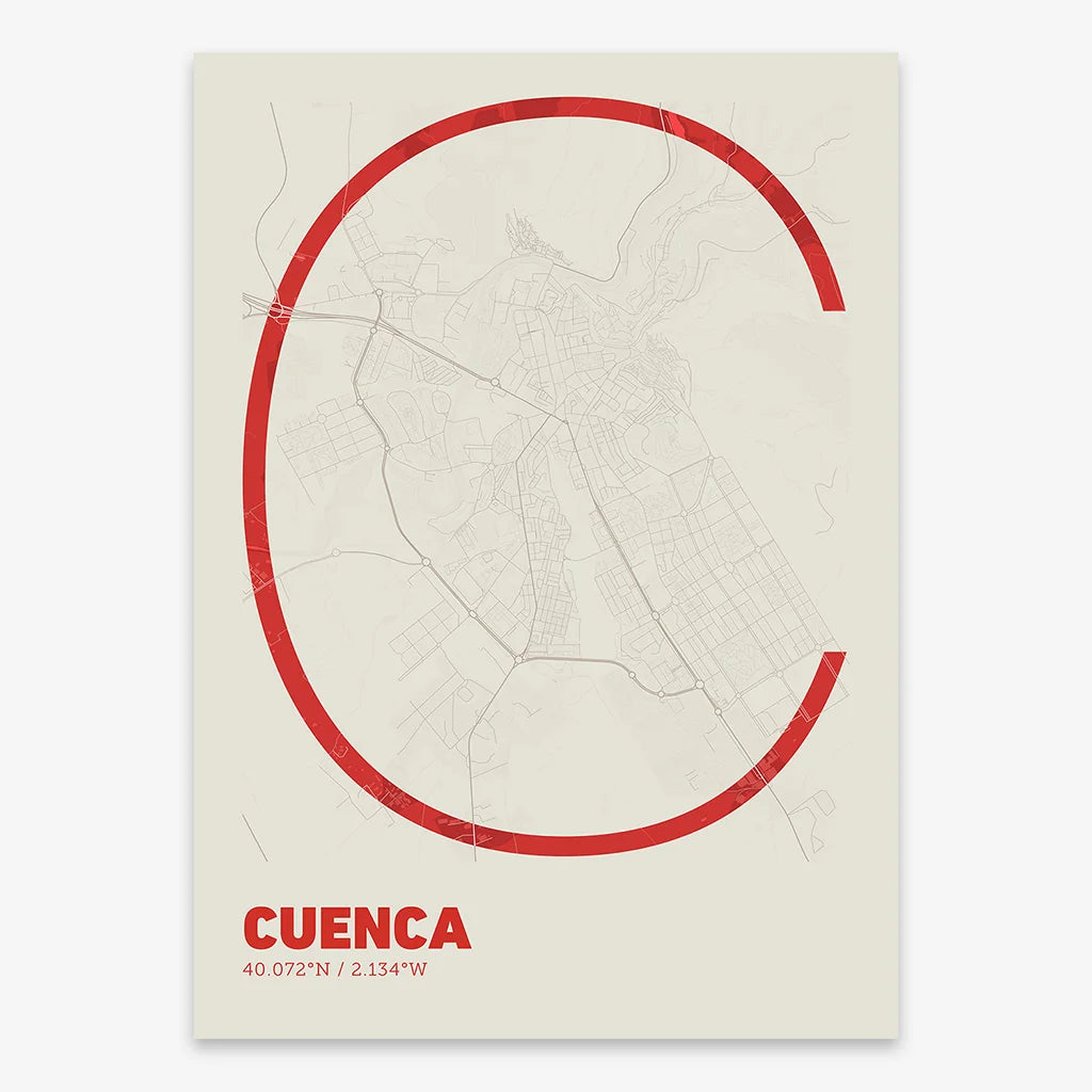 Poster of Cuenca composed with letters in extra light font printed on red and an off-white background