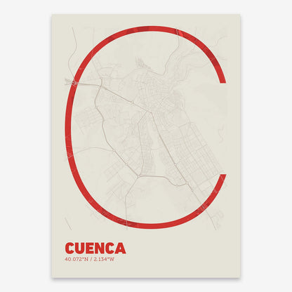 The map of Cuenca composed with letters in extra light font printed on red and an off-white background