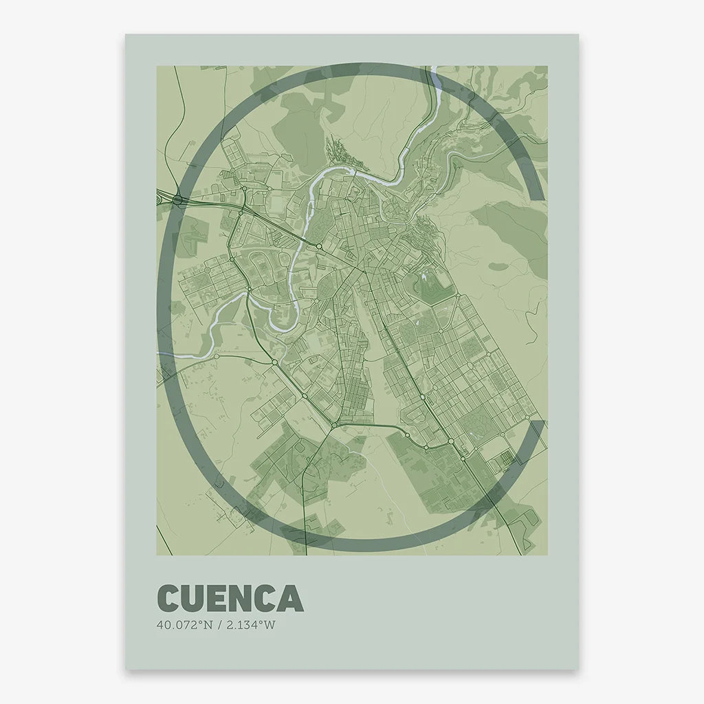 Poster of Cuenca composed with letters in extra light font printed on two green tones