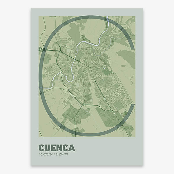 Poster of Cuenca composed with letters in extra light font printed on two green tones