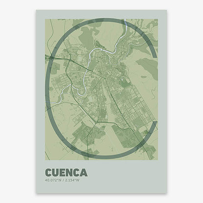 Poster of Cuenca composed with letters in extra light font printed on two green tones