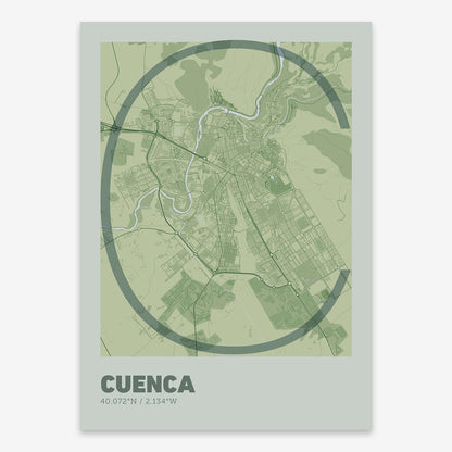 The map of Cuenca composed with letters in extra light font printed on two green tones