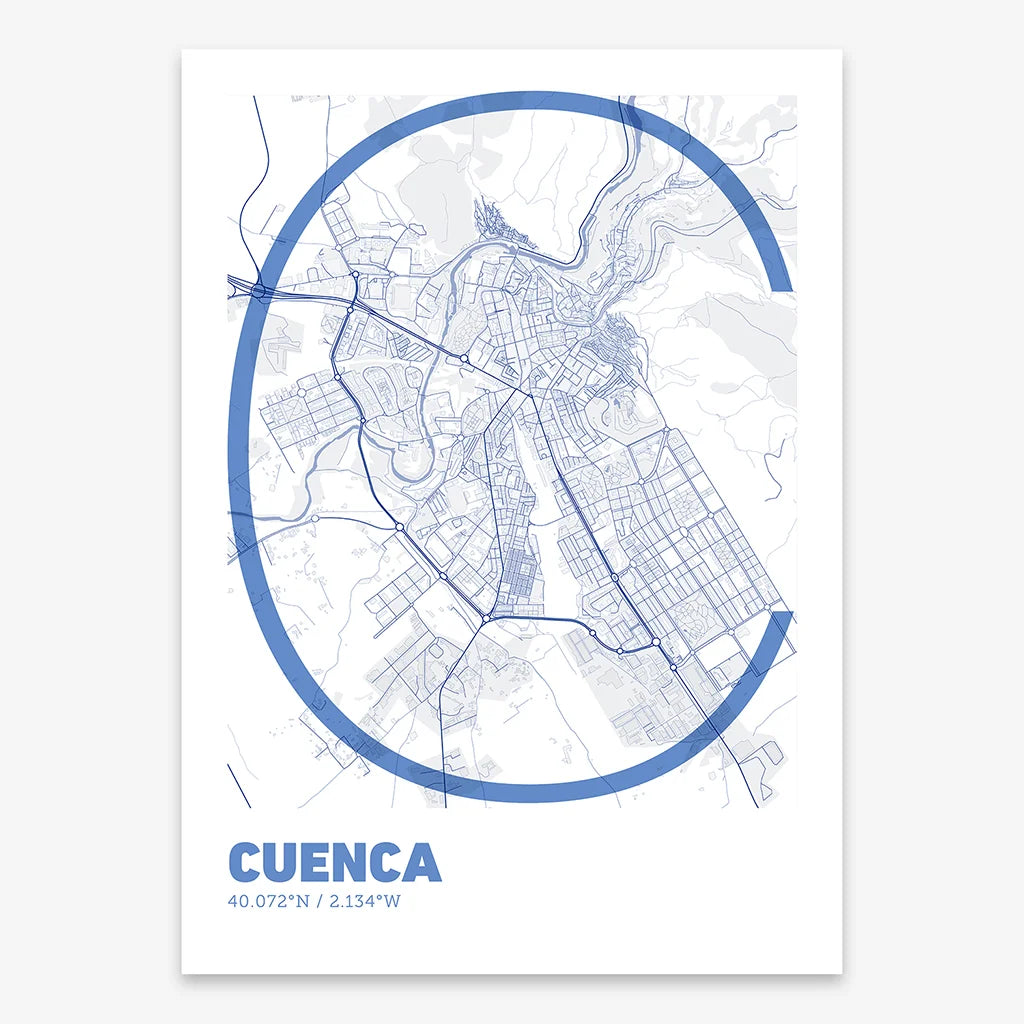 Poster of Cuenca composed with letters in extra light font printed on navy blue and white