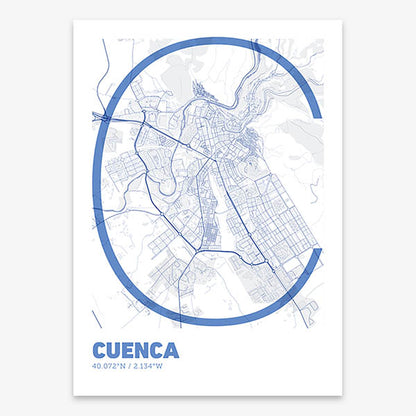 Poster of Cuenca composed with letters in extra light font printed on navy blue and white
