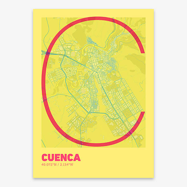 Poster of Cuenca composed with letters in extra light font printed on yellow and fuchsia