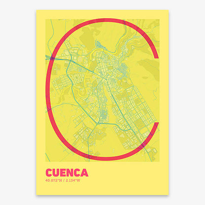 Poster of Cuenca composed with letters in extra light font printed on yellow and fuchsia
