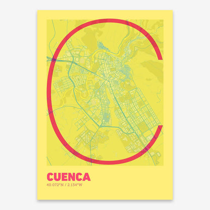 The map of Cuenca composed with letters in extra light font printed on yellow and fuchsia