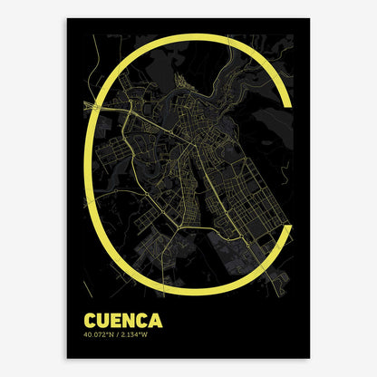 The map of Cuenca composed with letters in extra light font printed on black and yellow