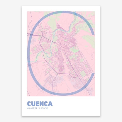 The map of Cuenca composed with letters in extra light font printed on pink and light blue