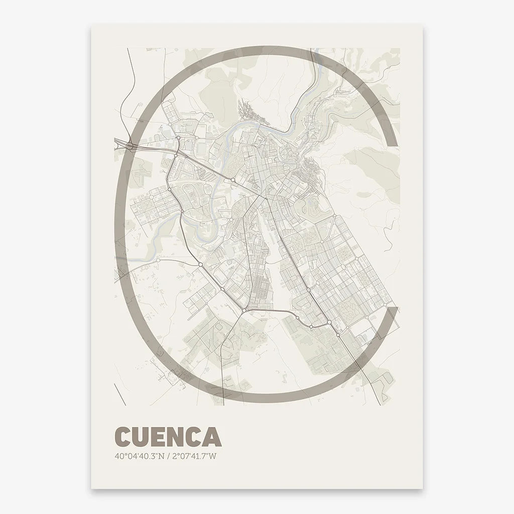 Poster of Cuenca composed with letters in extra light font printed on light brown and an off-white background