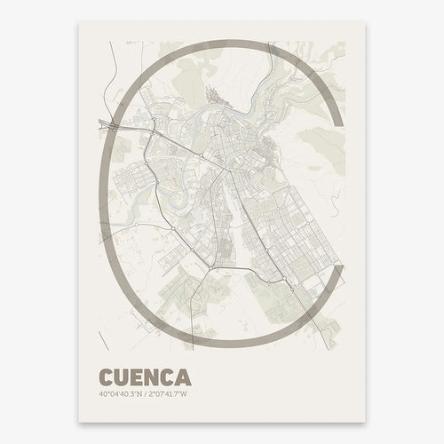Mapa de Cuenca en el diseño la Ultrafina, una estética minimalista que combina cartografía urbana con letras modernas, finas y elegantes diseñado en marrón claro y fondo blanco roto