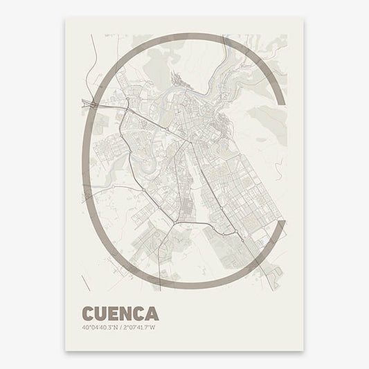 Poster of Cuenca composed with letters in extra light font printed on light brown and an off-white background