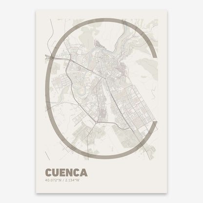 The map of Cuenca composed with letters in extra light font printed on light brown and an off-white background