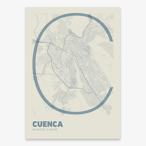 Mapa de Cuenca en el diseño la Ultrafina, una estética minimalista que combina cartografía urbana con letras modernas, finas y elegantes diseñado en gris azulado y fondo blanco roto