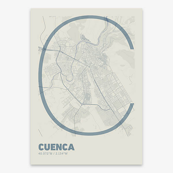 Poster of Cuenca composed with letters in extra light font printed on bluish gray and an off-white background