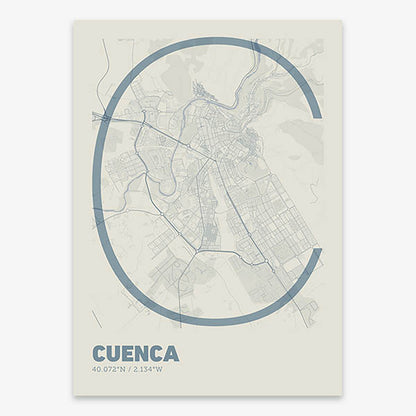 Poster of Cuenca composed with letters in extra light font printed on bluish gray and an off-white background